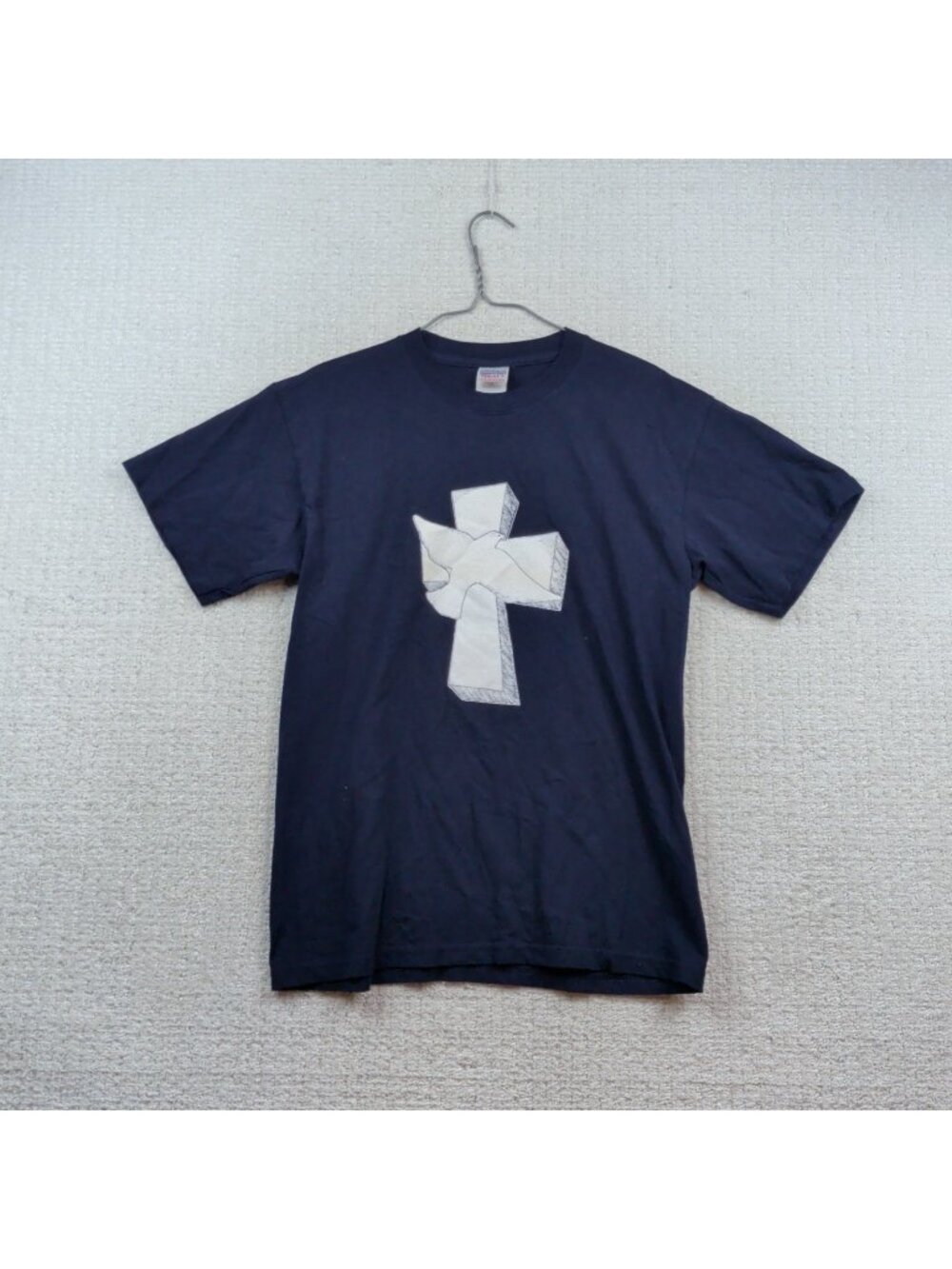 Vintage Christian Faith Church Cross Dove Graphic Tee Dark Navy Blue Men Sz M